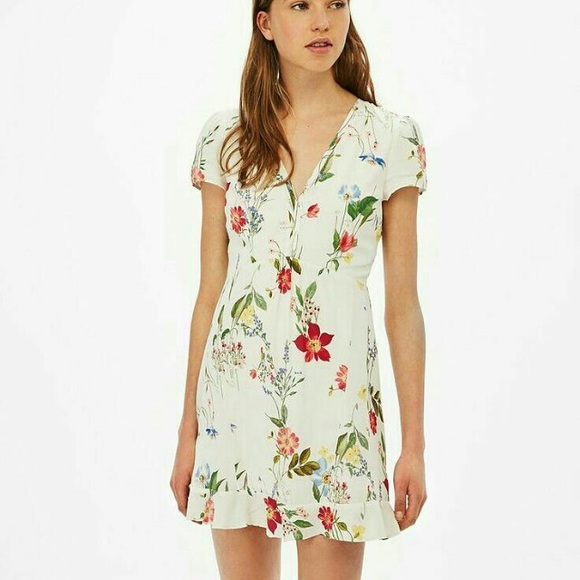 Bershka Dresses & Skirts - BERSHKA White floral mini dress with flounce (L)
